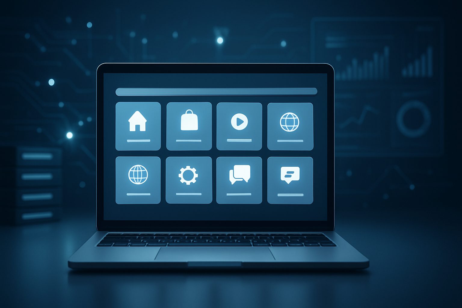 Close-up of a laptop displaying application icons on the screen with a dark, high-tech background.
