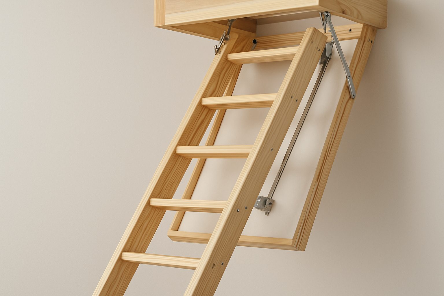 A wooden loft ladder extended from a ceiling hatch, showcasing its functionality and design.